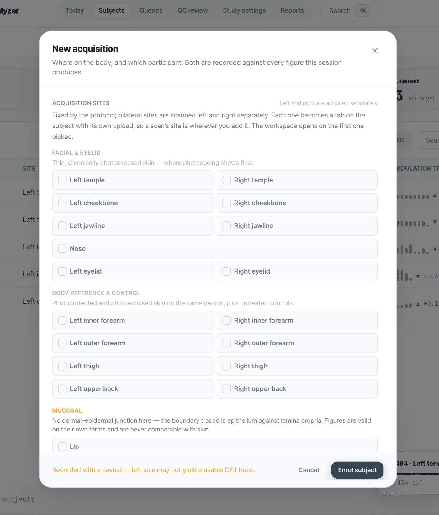 New acquisition modal opened over the subjects list, listing acquisition sites